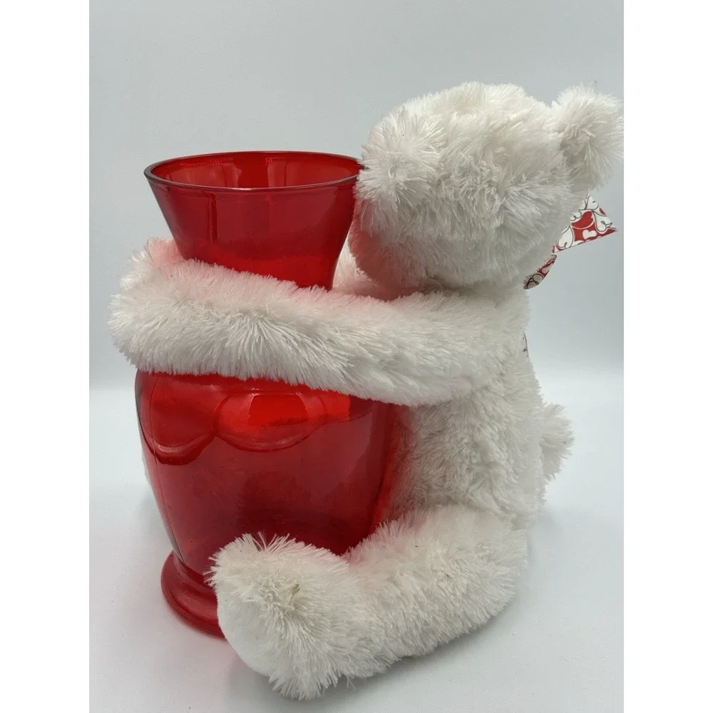 White Bear Vase Hugger Plush With Red Vase